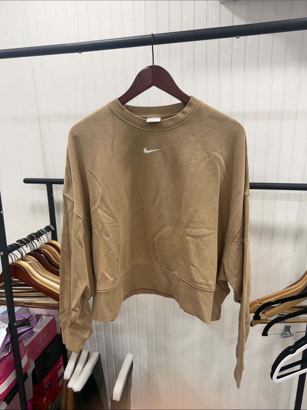 Like New Nike Women's Beige Crewneck Sweatshirt with White Swoosh Sz Medium
